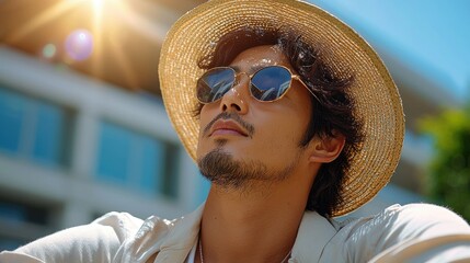 Man Wearing Sunglasses and Straw Hat Enjoys Sunshine