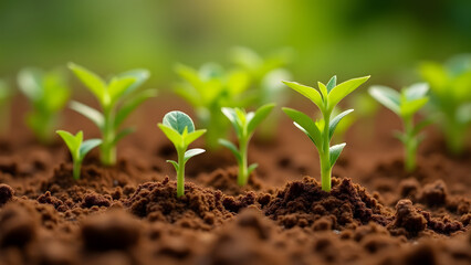 Young plants in dry brown soil, detailed earth texture, natural growth process, warm earth tones.