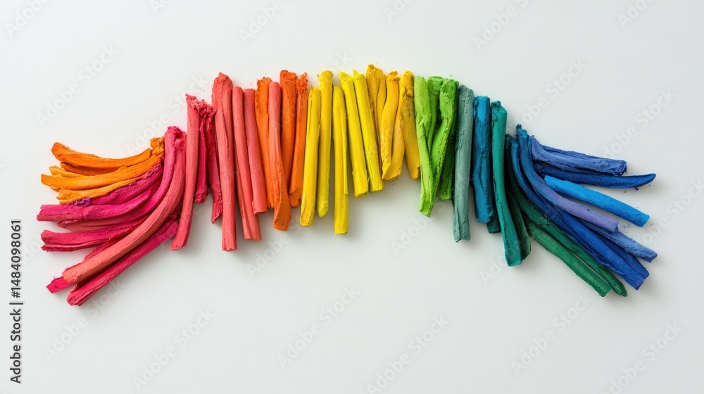 Poster creative layout of rainbow chalk sticks forming a curve on clean white surface