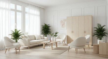 Modern Minimalist Living Room Interior Design: Light Wood & Neutral Tones
