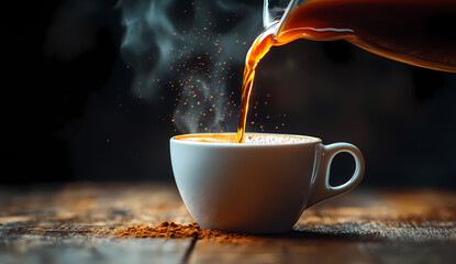 Warm coffee being poured into a white cup on a rustic wooden table. The steam creates a hazy, moody atmosphere. Perfect for a cozy morning.