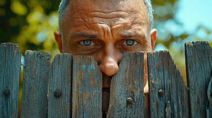 Man Peeking Through Old Weathered Wooden Fence