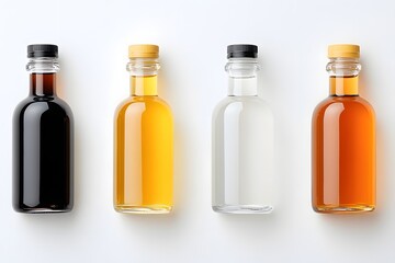 A collection of four distinct bottles containing various liquids
