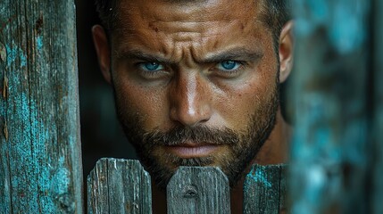 Man with blue eyes peering through weathered fence