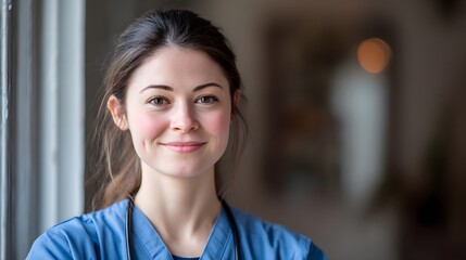 Compassionate nurse in uniform with gentle smile, softly illuminated by natural window light in professional healthcare setting, conveying trust, care, and calm presence in medical environment