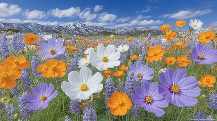 Vibrant Wildflower Meadow with Mountain View