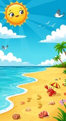 Obraz premium Smiling Sun, Tropical Beach Bliss: Cartoon Summer Fun
