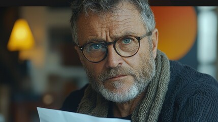 A thoughtful older man with glasses reads a paper