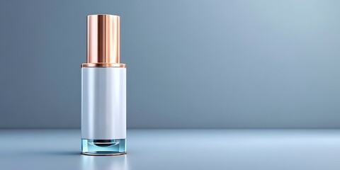 A sleek and modern cosmetic bottle featuring a rose gold cap, set against a soft blue background. Perfect for beauty, skincare, and cosmetic branding visuals.
