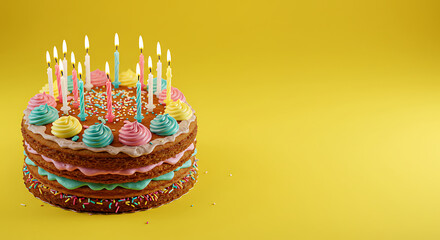 Delicious Two-Layered Birthday Cake with Candles and Sprinkles on Yellow