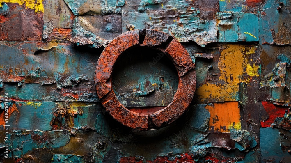 Poster close-up of rusted iron loop on rough oxidized background, full of grit and decay