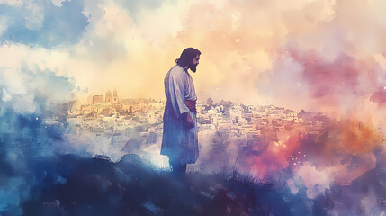 Obraz premium jesus standing hill overlooking jerusalem