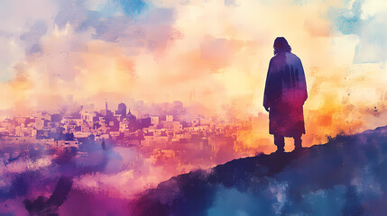 Obraz premium jesus standing hill overlooking jerusalem