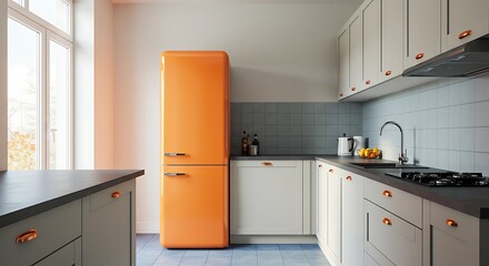 Sunlit Kitchen, Vibrant Orange Retro Fridge