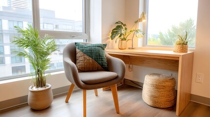 Modern workspace corner featuring wooden accents and clean interior design aesthetic, softly illuminated by natural window lighting for a minimal, serene, and contemporary work environment