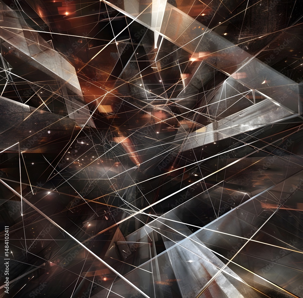 Poster a dark, abstract background with chaotic geometric lines and networks.