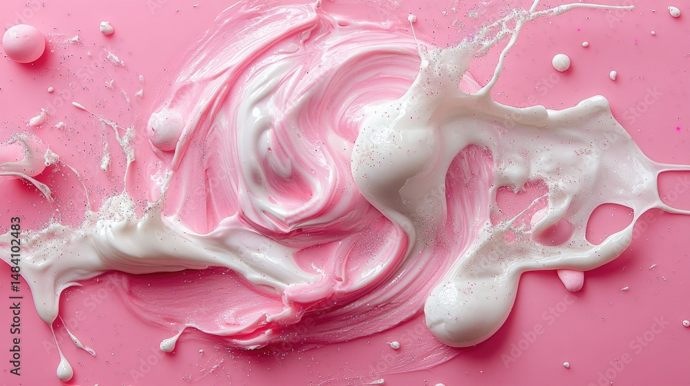 Poster close-up of pink and white cream swirl with sparkles on soft pink background, dreamy texture