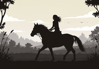 Silhouette Rider: Peaceful Equestrian Scene in Monochrome
