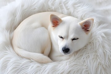A serene white dog curled up on a fluffy blanket, showcasing its peaceful nature and cozy environment. Perfect for capturing the essence of relaxation and comfort in pets.