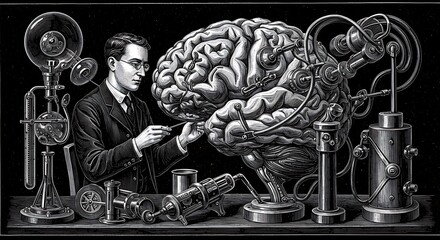 Intricate Monochrome Engraving: A Scientist's Study of the Human Mind
