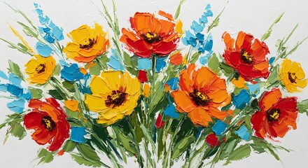 Vibrant Impasto Poppy and Yellow Flower Bouquet