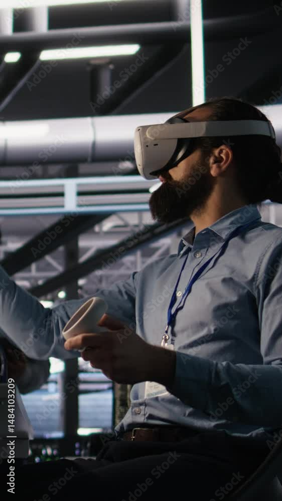 Poster vertical video data center developer using virtual reality technology to visualize artificial intell