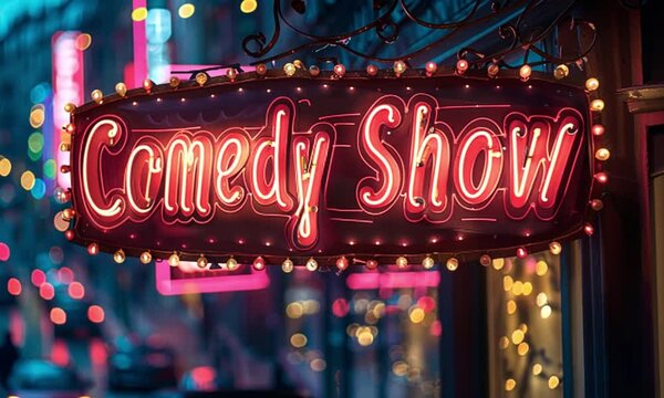 Neon sign for a comedy show at night.
