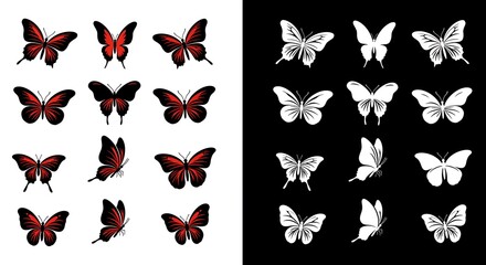 Obraz premium Crimson Butterfly Silhouettes: Elegant Red & White Vector Art