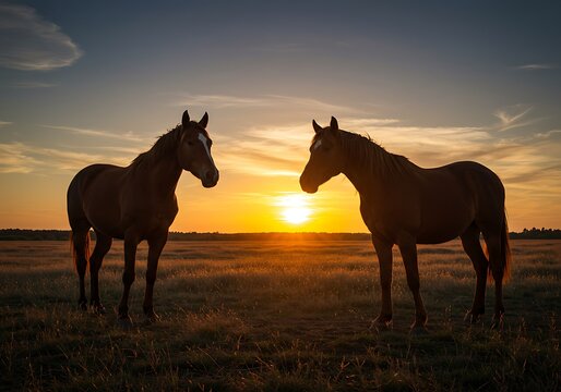 Sunset Companions: Horses Silhouetted at Dusk