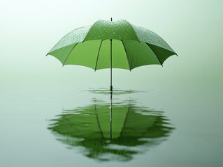 Green umbrella in water. Raindrops