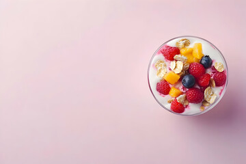 Healthy breakfast parfait in glass bowl.