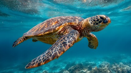 Fototapeta premium Endangered Hawaiian green sea turtle gliding through clear blue ocean in side view with gentle sunlight rays filtering underwater, showcasing natural marine beauty, conservation awareness, and serene 