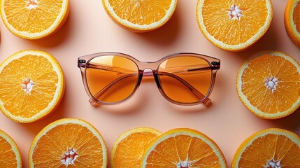 Sunglasses and Orange Slices on Peach Background