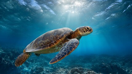 Fototapeta premium Endangered Hawaiian green sea turtle gliding through clear blue ocean in side view with gentle sunlight rays filtering underwater, showcasing natural marine beauty, conservation awareness, and serene 