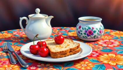 Fototapeta premium a watercolor painting of a breakfast scene on fathers day, with cherries and a kalamkari design tablecloth.