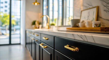 Modern black and white kitchen with gold accents and marble surfaces, embodying sleek elegance in a culinary space.