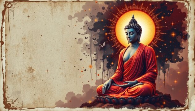 a vintage poster of buddha purnima, with a glowing buddha statue and a halftone pattern overlay.