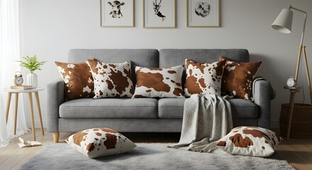 Cowhide print throw pillows on a gray sofa