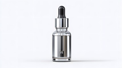 A sleek glass dropper bottle stands elegantly against a white background, perfect for showcasing essential oils, serums, or herbal extracts in a minimalist design.