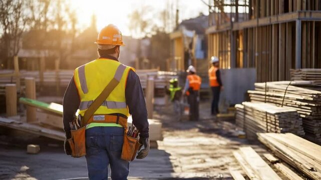 Construction Worker on Site: A construction worker in a bright yellow vest walks confidently on a construction site, a testament to hard work and dedication.