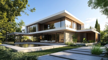 Serene modern residence with pool blending architectural precision and natural beauty