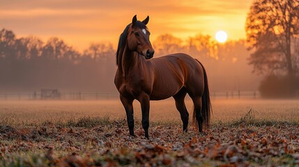Majestic brown horse stands in autumn sunrise field