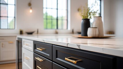 Modern black and white kitchen with gold accents and marble surfaces, embodying sleek elegance in a culinary space.