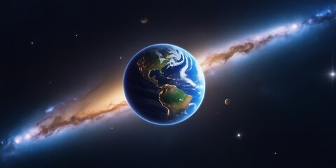Obraz premium Glowing view of planet Earth floating in outer space with detailed continents, illuminated city lights, and a vibrant galaxy in the background showcasing cosmic beauty and science fiction 