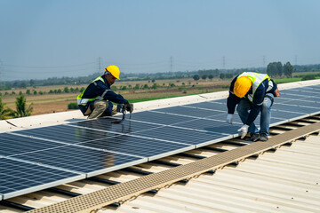 team of professionals installs solar panels, ensuring energy efficiency and sustainable development. The image represents green energy, eco-conscious solutions, and future solar power technology.