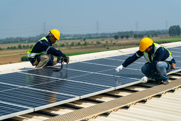 team of professionals installs solar panels, ensuring energy efficiency and sustainable...