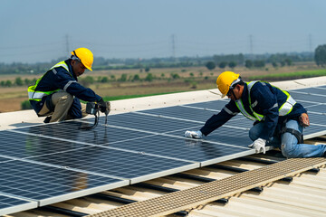 team of professionals installs solar panels, ensuring energy efficiency and sustainable...