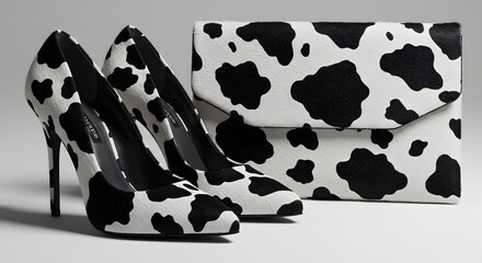 Cow print heels and clutch bag