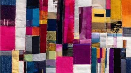 Vibrant patchwork quilt design featuring a unique blend of fabric textures