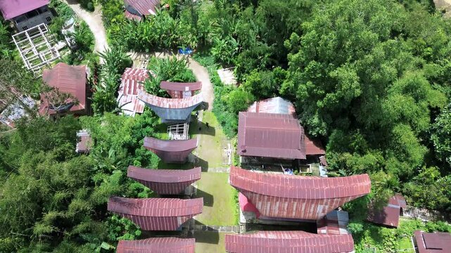 Aerial View of Traditional Tongkonan Houses in Tana Toraja, Indonesia